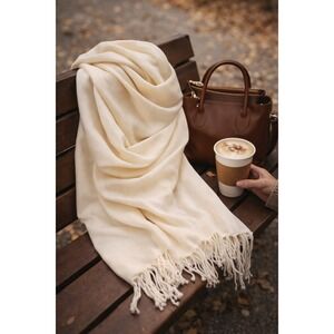 Cream Pashmina Style Shawl Wrap Fringe Soft Cashmere Silk Blend Made in Turkey